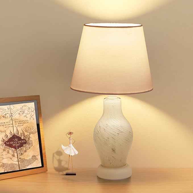 ONEWISH Modern Table Lamp-Small Bedside Nightstand Lamp with Wine Bottle Shape Glass Body, Desk Lamp for Reading, 3000K Bulb Included, 14", White