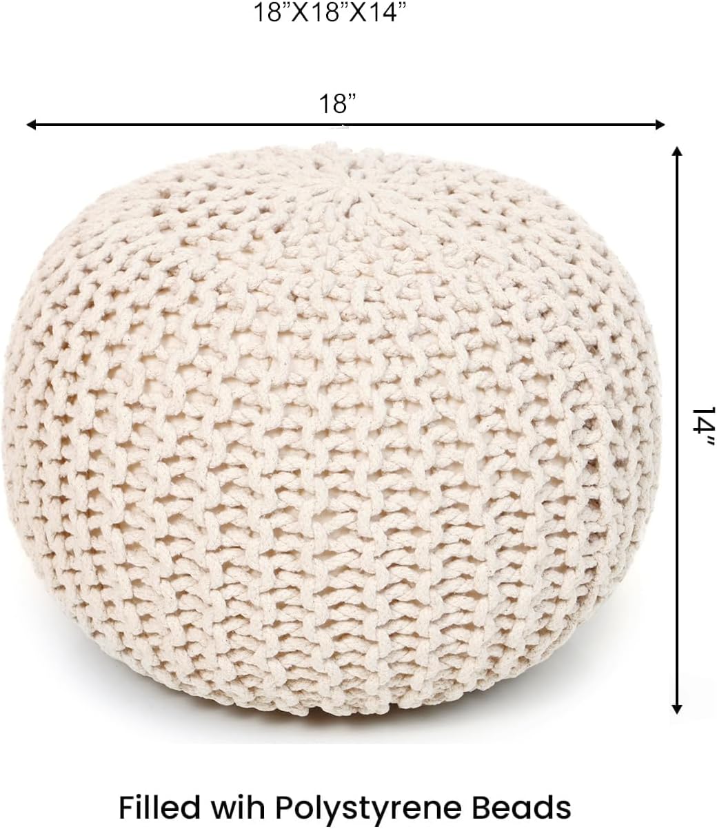 REDEARTH Round Pouf Ottoman –18"x18"x14" Hand-Knitted Cotton Pouffe –Cable Footstool –Boho Dori Hassock –Pre-Stuffed Poof – Extra Seat -Poofy Footrest for Living Room, Bedroom, Nursery, Nook –Ivory