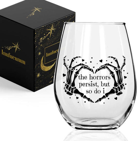 The Horrors Persist But So Do I Wine Glass,Skeleton Heart Hands,Funny Halloween&Valentine's Day Wine Glass,15oz