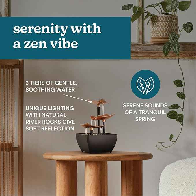 Homedics Golden Dew Relaxation Tabletop Water Fountain with 3 Tiers, Natural River Rocks, and a Quiet Pump for Soothing Zen Ambiance in Your Home or for Office Décor, Powered by 2 AA Batteries