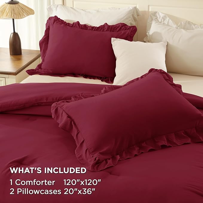 Andency Burgundy Super King Comforter Set, Lightweight Fluffy Ruffle Bedding Sets 3 Pieces for Girls Women, Soft Farmhouse Dark Red Bed Sets for All Season, 120x120Inch (1 Comforter 2 Pillowcases)