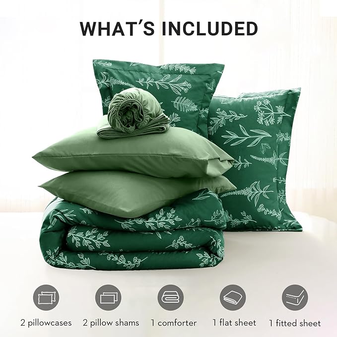 MUXHOMO Emerald Green Bed in a Bag Queen 7 Pieces, Queen Comforter Set Reversible Botanical Flowers Design, Ultra Soft & Breathable Bedding Sets with Comforter, Sheets, Pillowcases & Shams