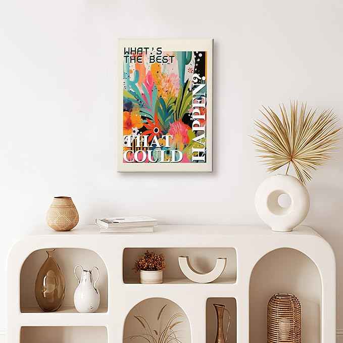 HIWX What's the Best That Could Happen Maximalist Floral Framed Canvas Painting Wall Art Decor, Funky Eclectic Botanical Inspirational Wall Art Home Decoration for Home Bedroom Room, 11x14