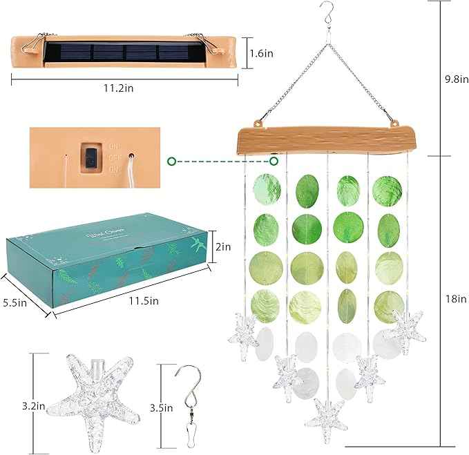 Toodour Solar Wind Chimes for Outside, Birthday Gifts for Women Mom Grandma, Waterproof 2 Modes Shells Solar Powered Outdoor Lights for Patio Holiday Garden Porch Yard Outdoor Decor - White & Green
