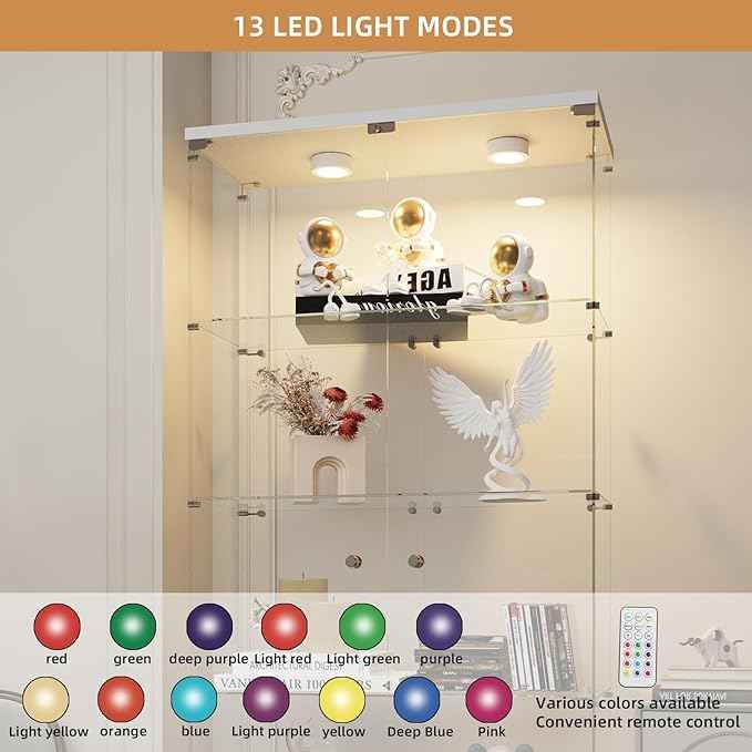 Beauty4U Glass Display Cabinet with Lights, 5 Shelves with 2 Doors, Curio Cabinets for Living Room, Bedroom, Office, White Floor Standing Glass Bookshelf, Quick Installation