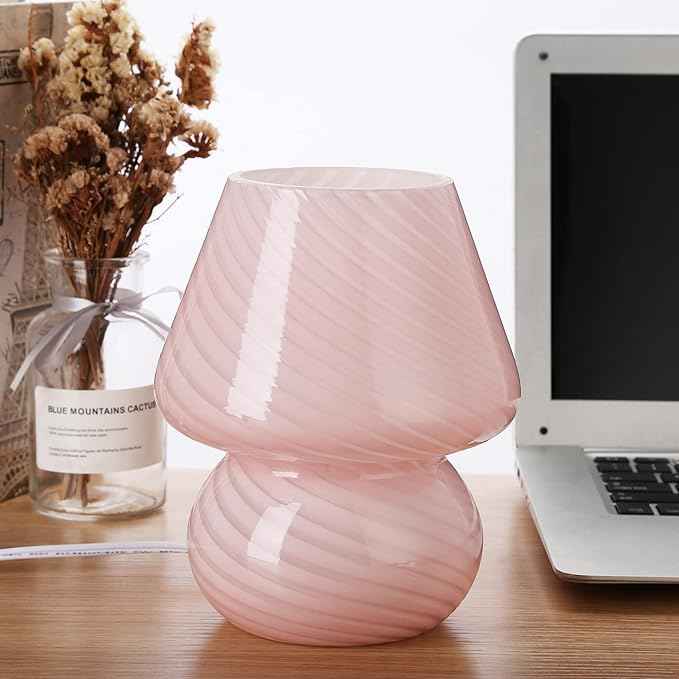 Pink Mushroom Lamp,Glass Mushroom Bedside Table Lamps Translucent Murano Vintage Style Striped Small Nightstand Desklamp Swirl Light for Home Decor, Dining, Living, Bedroom, Gift (Stripe Pink)