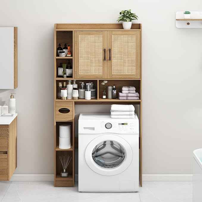 Farmhouse Rattan Storage Cabinet Over Toilet - 2 Door with Toilet Paper Holder - Space-Saving for Bathroom, Oak