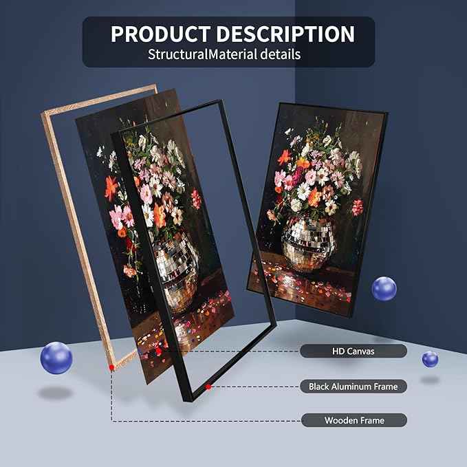 Colorful Moody Florals Disco Ball Canvas Wall Art, Maximalist Funky Wildflowers Bouquet Disco Ball Poster, Retro Cottagecore Flower Prints Paiting, Vintage Eclectic Wall Decor 24X36in Black Framed