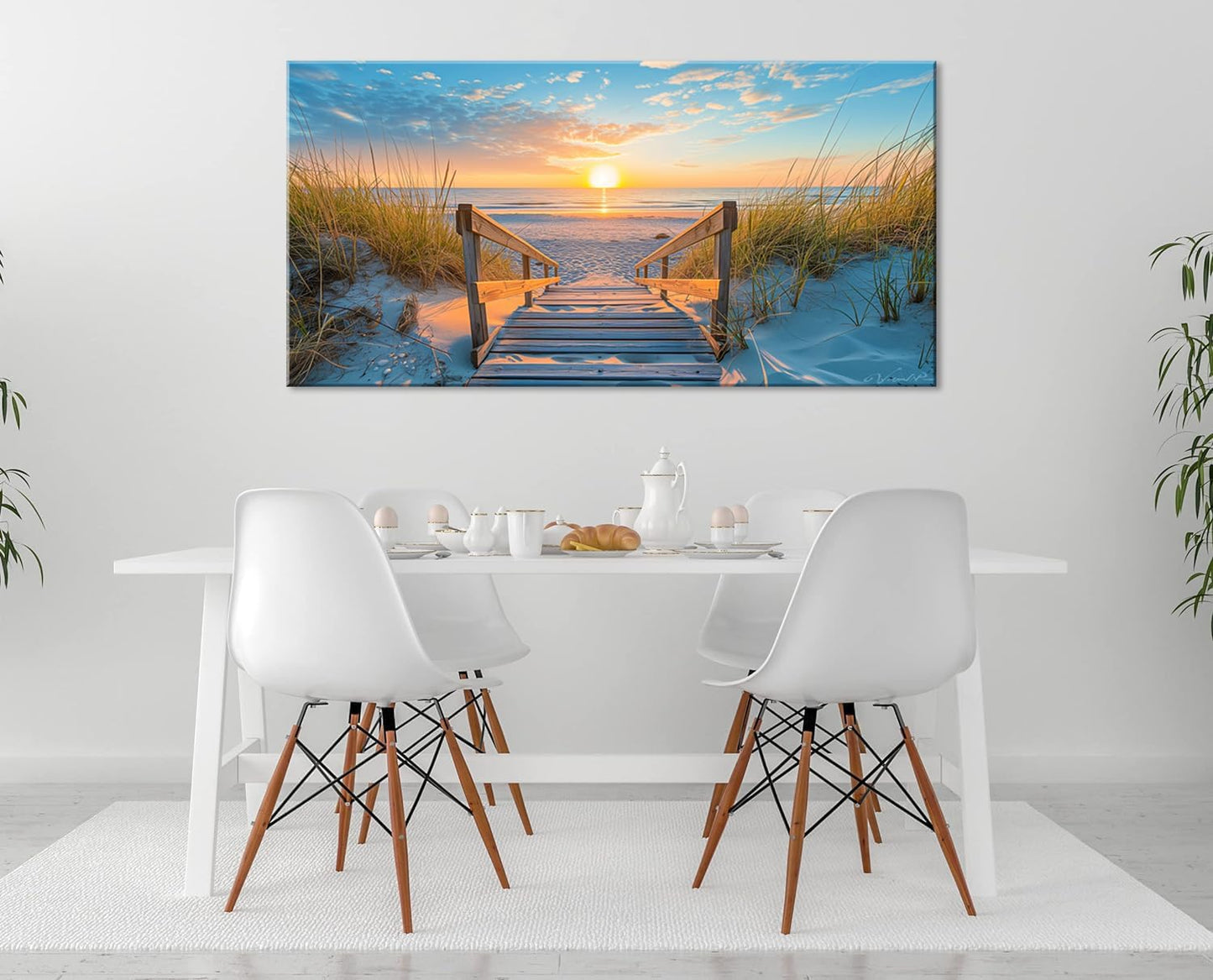 LASMOND Beautiful White Sandy Beach Pier by Seaside at Sunset Landscape Wall Art Decor Artwork for Bedroom Living Room (58x28Inches)