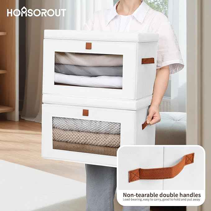 Large Clothing Storage Bins - Collapsible Boxes with Handles & Window, Decorative Organizer Bins with Lids, Fabric Containers for Living Room, Dorm, 2 Pack, White