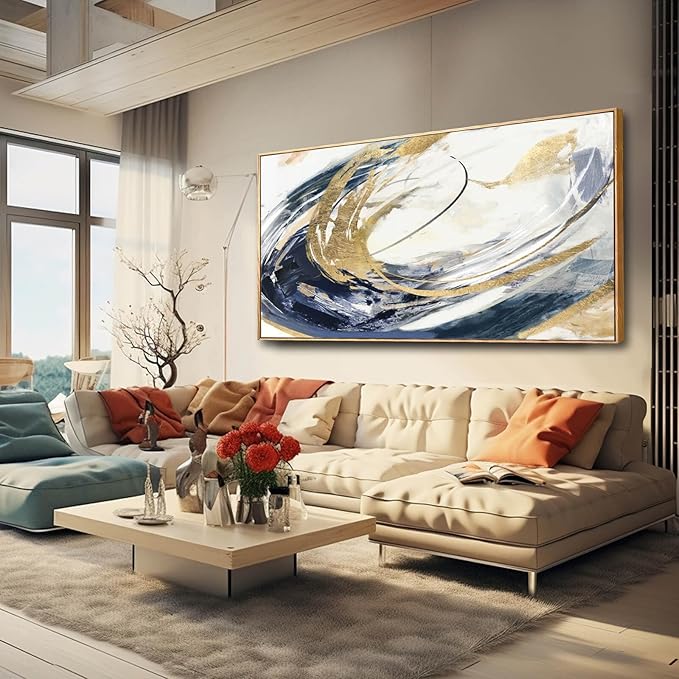 SDYA Large Artwork Abstract Painting 30"x 60"Gold Wall Decor Abstract Wall Art for Living Room Blue Artwork for Bedroom Kitchen Home Wall Decor