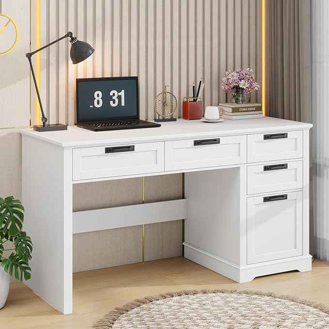 Vabches 55" Farmhouse Home Office Desk with File Drawer, Executive Computer Desk with 4 Storage Drawers, Rustic Computer Desk for Working, Studying, Writing, White