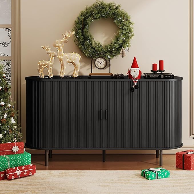 Buffet Sideboard Cabinet with Storage, 55" Fluted Cabinet with Sliding Door & Adjustable Shelf, Modern Accent Coffee Bar Console Table for Kitchen, Entryway, Black