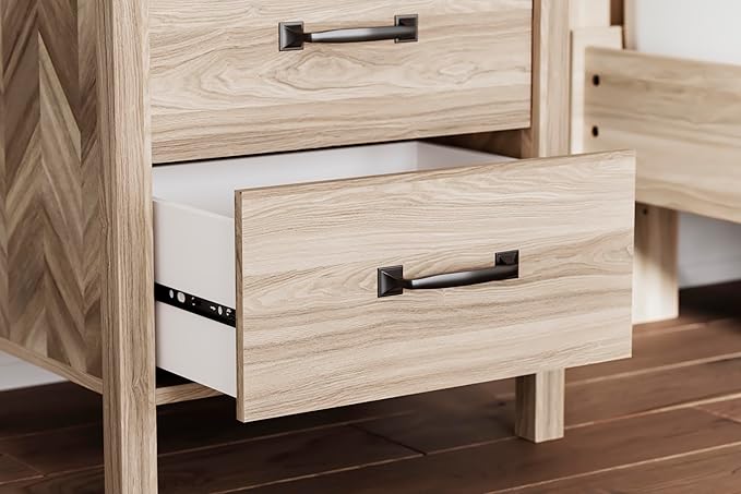 Signature Design by Ashley Battelle Mid-Century Modern Nightstand with Chevron Pattern, 2 Storage Drawers, Dark-Color Hardware, Wood, 24.5" High, Light Brown
