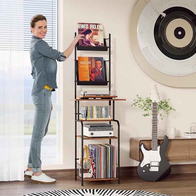 Record Player Stand with Vinyl Storage - 6-Tier Turntable Table with Adjustable Feet, Metal & Wood Cabinet - Console Organizer Display Shelf for Living Room, Apartment