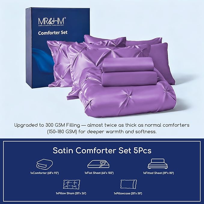 MR&HM Satin Comforter Twin XL 5 Pieces - Luxurious Pinch Pleat Bedding Set with Comforter, Flat Sheet, Fitted Sheet, Pillowcase & Sham, Super Silky Soft Bed Set for All Season (Twin XL, Lavender)