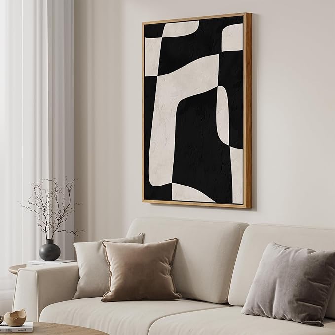 Framed Neutral Abstract Wall Art, Modern Canvas Prints Paintings Artwork for Walls, Minimalist Black and Beige Block Pictures for Living Room Dining Room Bedroom Hallway Wall Decor 24x36 In