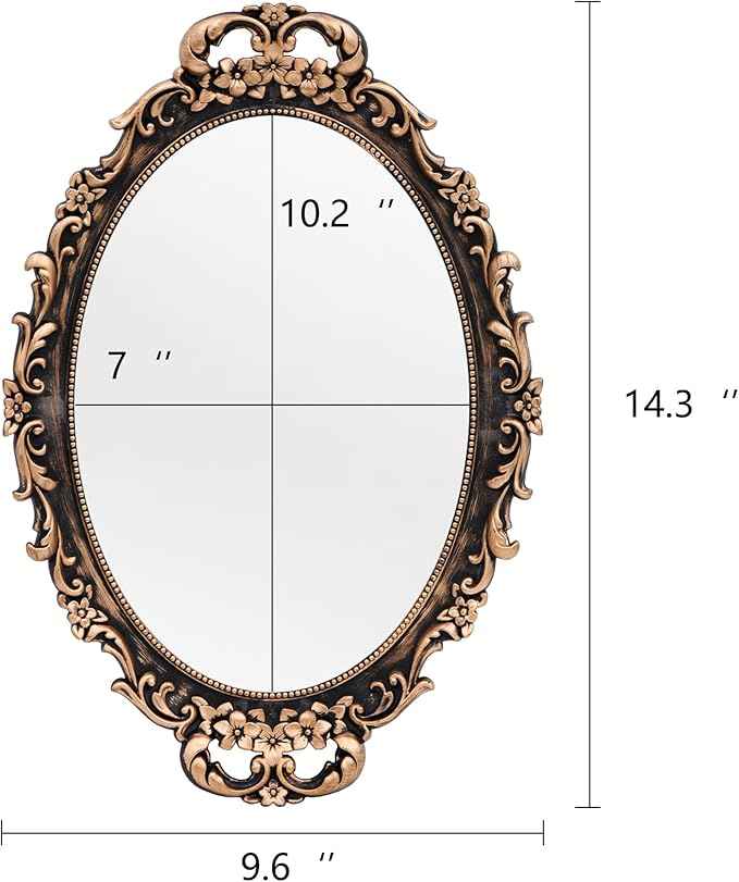 Vintage Decorative Gold Framed Mirror, Wall Hanging Mirrors & Tabletop Tray for Bedroom Living Room Dresser Decor, Oval- 9.6" W x 14.3" L (BRONZE-2PACK)