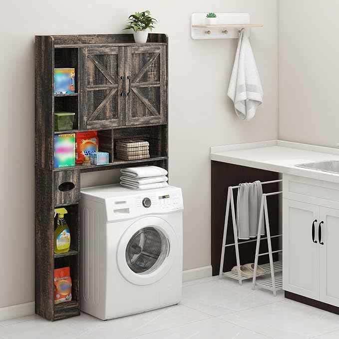 Over The Toilet Storage Cabinet, Farmhouse Storage Cabinet Over Toilet with 2 Barn Doors & Toilet Paper Holder Stand，Home Space-Saving Toilet Rack, for Bathroom, Restroom, Laundry