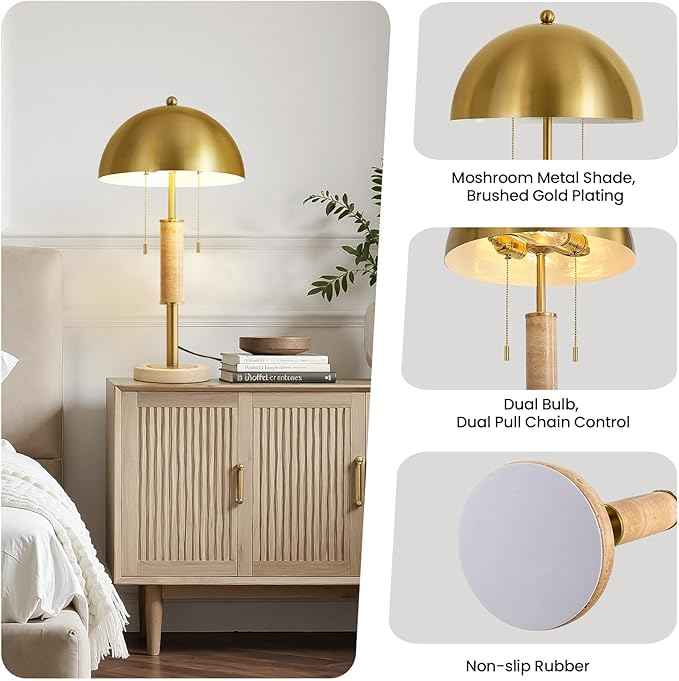 KAISITE 24" Modern Table Lamp for Living Room Gold Metal Nightstand Lamp with High-Grade Decorative Travertine Mid Century Table Lamp for Bedroom Side Table Bedside End Table
