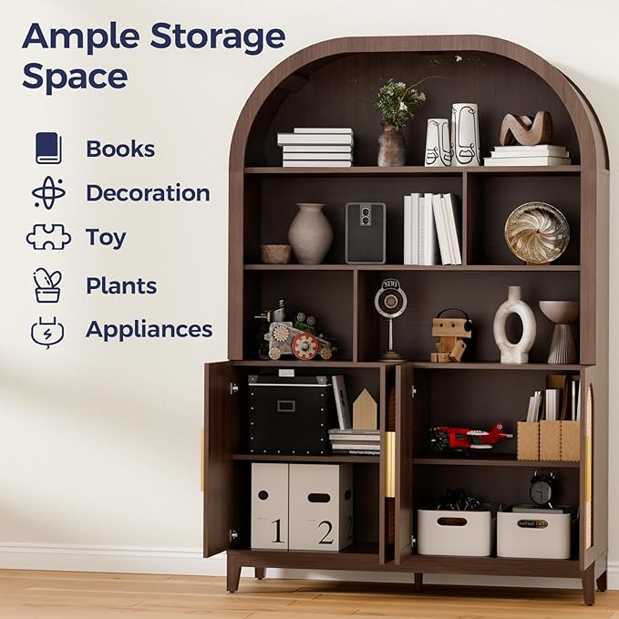 71" Tall Wide Arched Storage Cabinet, 5-Tier Rattan-Door Bookcase with Divider Shelf & Gold Pull Handles, Wood Versatile Pantry Organizer for Living Room/Kitchen/Office, Walnut