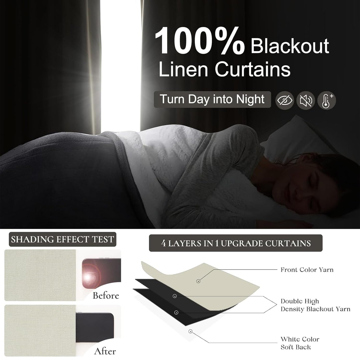 Ivory White Pinch Pleated Complete Blackout Curtains & Drapes 84 Inch Length 2 Panels Set, Flax Linen Room Darkening Soundproof Window Curtains with Hooks Rings for Bedroom Living Room Track System