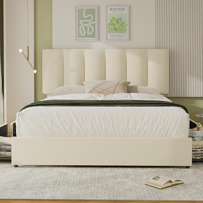 VECELO King Size Bed Frame with 4 Storage Drawers, Adjustable Height Headboard, Heavy-Duty Bedframe with Strong Wooden Slats, No Box Spring Needed, Pale Beige
