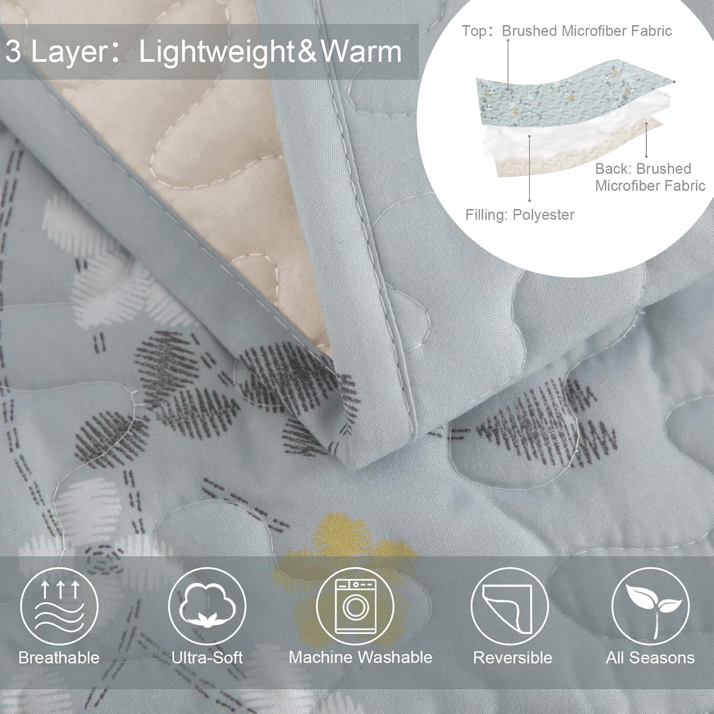 Exclusivo Mezcla Reversible Boho Quilt Set Queen Size, 3 Pieces Flowers Light Blue All Season Bedspreads, Ultra Soft Floral Coverlet Bedding Set with Printed Pattern (1 Quilt, 2 Pillow Shams)