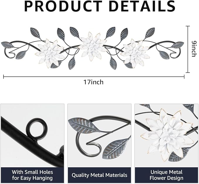 KHJCXS Metal Wall Art Modern Minimalist Metal Flowers Indoor Decor Horizontal Wall Art Iron Artwork,for Over Door,Bedroom,Living Room,Kitchen,Office Scroll Decor (White2)