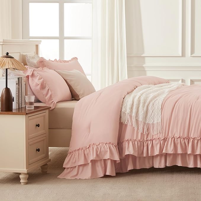 Andency Oversized Queen Ruffle Comforter Set, 3 Pieces Shabby Chic Farmhouse Bedding Set, Lightweight Soft Comforter Set 98x98 for Girls Women (1 Comforter 2 Pillowcases), Blush