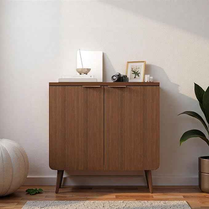 29.5" Modern Fluted Sideboard Cabinet with 2 Doors, Wood Storage Credenza with Shelves, Multi-Purpose Buffet Cabinet for Entryway, Dining & Living Room, Walnut