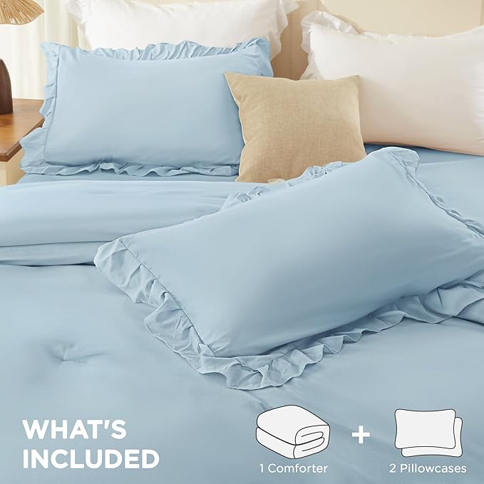 Andency Light Blue California King Comforter Set (104x96Inch), 3 Pieces Farmhouse Shabby Chic Ruffle Bedding Comforter Sets, Lightweight Fluffy Soft All Season Bed Set