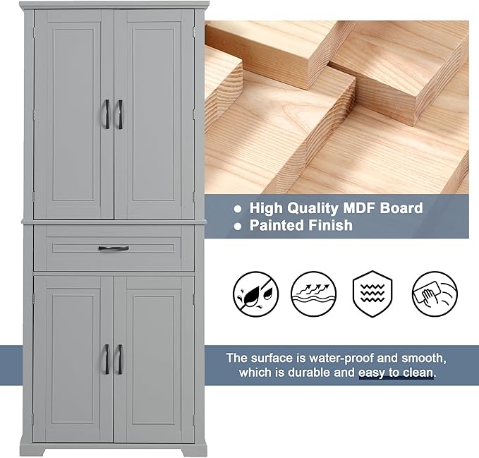 72.2" Storage Cabinet with Doors and Drawers, Tall and Wide Kicthen Pantry Cupboard Home Display Organizer with Door Shelf Rack for Bathroom, Adjustable Shelf, Gray