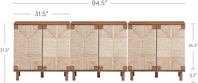 Nathan James Beacon Boho Accent Cabinet with Doors, TV Stand with Adjustable Interior Shelf and Seagrass Accent, Dark Brown, Set of 3