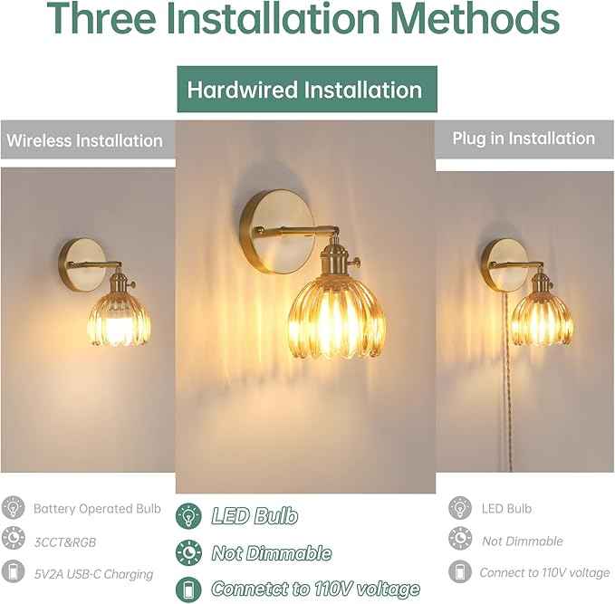 Vintage Wall Sconces Set of 2 with Amber Tulip Glass Lampshade 180 Degree Adjustable Brass Sconces Hradwired Modern Wall Lighting Fixture with Switch for Bedside Bedroom Doorway