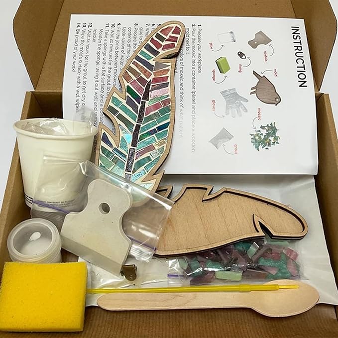 TATREBCRE DIY Mosaic Kit for Adults– Feather, Bird, Cat & Heart Designs – Christmas Gift Arts and Crafts Kit with Grout & Tools – Easy Mosaic Craft for Beginners (Colorful Feathers)