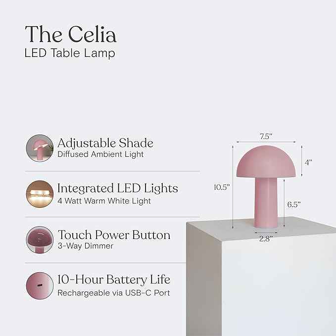 Brightech Celia Mood Lamp – 10" Touch-Controlled Mushroom Table Lamp, Cordless & Dimmable LED, Portable & Rechargeable Bedside Night Light, Sustainable Recycled Modern Patio Lamp for Home Décor – Pink