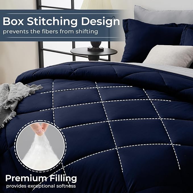 HEVUMYI Twin Comforter Set - 5-Piece All Season Bed in a Bag Twin, Ultra Soft Bedding Set with Comforter, Flat Sheet, Fitted Sheet, Pillowcases, Pillow Shams, Navy Blue & Light Grey