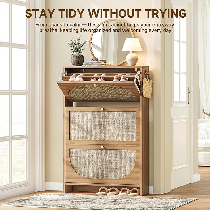 Nicetree Freestanding Ultra Slim Arched Rattan Accent Shoe Storage Cabinet for Entryway - 3 Flip Drawers & 3-Tier Adjustable Shelves, Farmhouse Modern Rustic Shoe Rack for Hallway Foyer,Oak