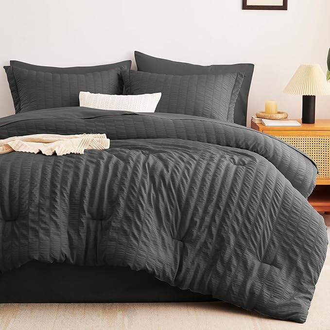 CozyLux Full Size Comforter Sets with Sheets Seersucker 7 Pieces Dark Grey Bed in a Bag Textured Luxury Soft Bedding Set with Down Alternative Comforter, Sheets, Pillowcases & Shams for All Seasons