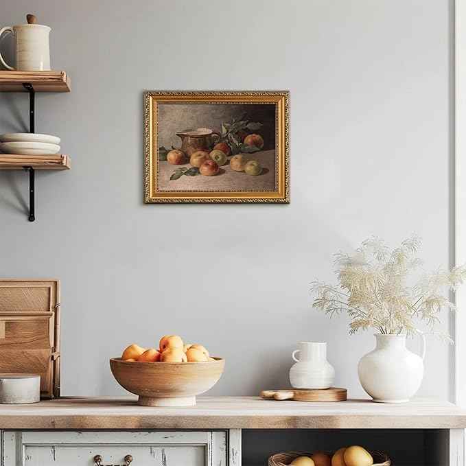 uniro Vintage Gold Framed Wall Art for Home Decor, Farmhouse Wall Decor Apple Still Life Canvas Artwork, Antique Fruit Wall Art Picture, Rustic Kitchen Art Prints Aesthetic Picture for Kitchen, Dining Desktop Decor- 12x16Inch