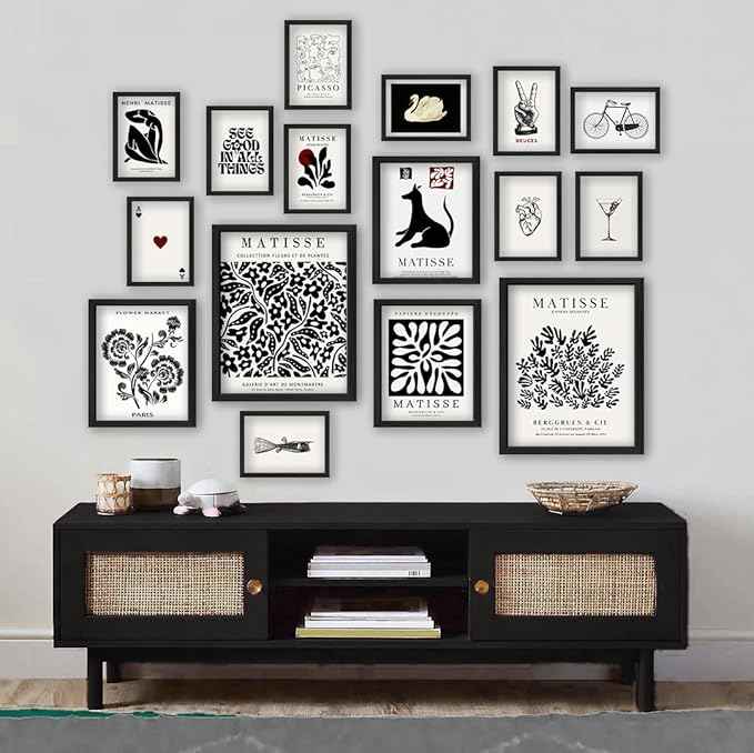 16 PCS Framed Black and White Wall Art Decor, Matisse Abstract Wall Prints for Bedroom, Gallery Wall Frame Set, Minimalist Posters for Living Room Aesthetic, Collage Kit, Dorm Home Artwork