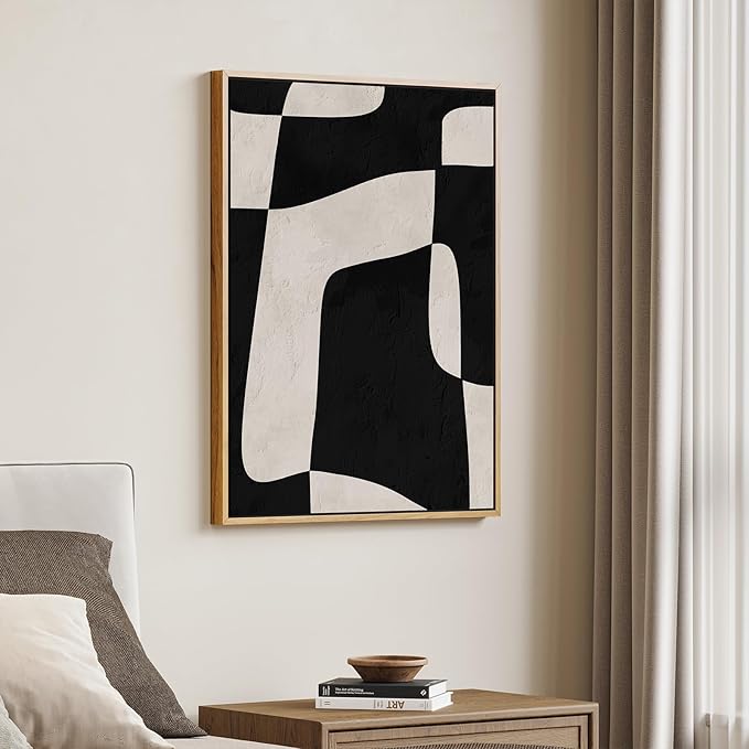 Framed Neutral Abstract Wall Art, Modern Canvas Prints Paintings Artwork for Walls, Minimalist Black and Beige Block Pictures for Living Room Dining Room Bedroom Hallway Wall Decor 24x36 In
