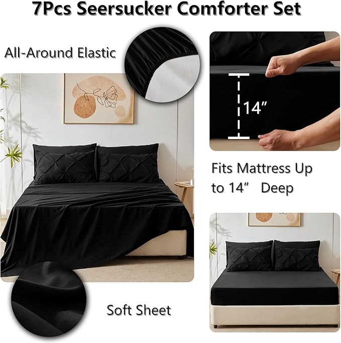 CozyLux Full Size Comforter Sets Black, 7 Pieces Pintuck Bed in A Bag Black Comforter Full Size, Pinch Pleat Bedding Sets with All Season Comforter, Sheets, Pillowcases & Shams