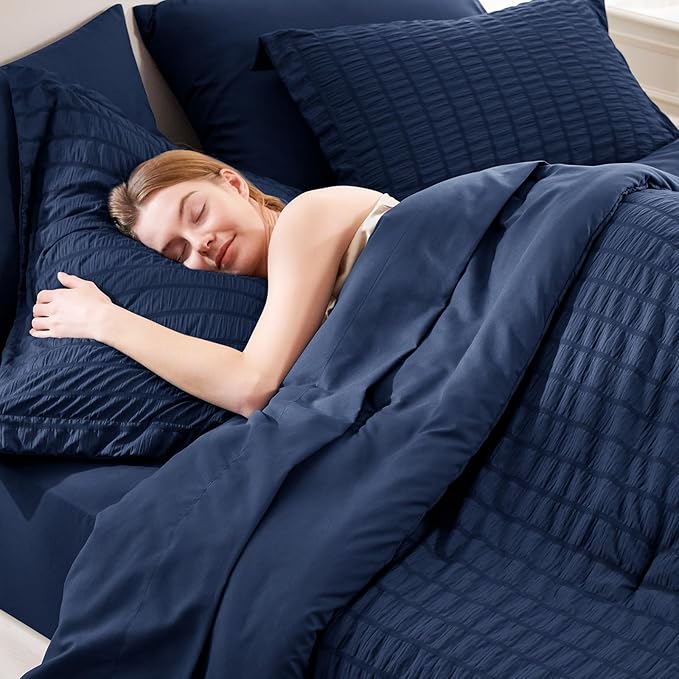 CozyLux King Size Comforter Set Navy Blue Seersucker 7 Pieces Bed in a Bag King Comforter Set with Sheets, Luxury Bedding Set with Down Alternative Comforter, Sheets, Pillowcases & Shams All Seasons