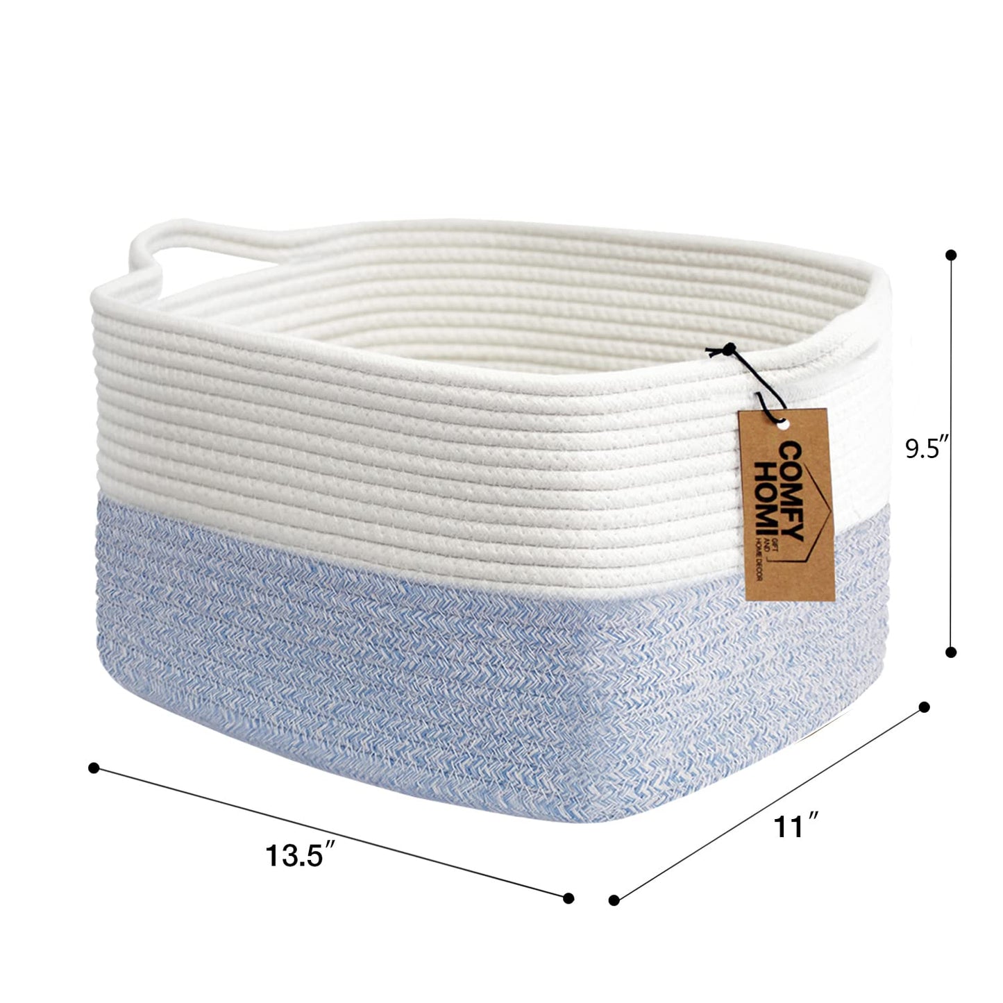 COMFY-HOMI Cotton Rope Woven Basket with Handles for shelf，Toy, Book, Cloth Storage Basket for Organizing-13.5"X11"X9.5" Storage Bin for Living Room, Newborn or Infant Gift for boy girl （White/blue）