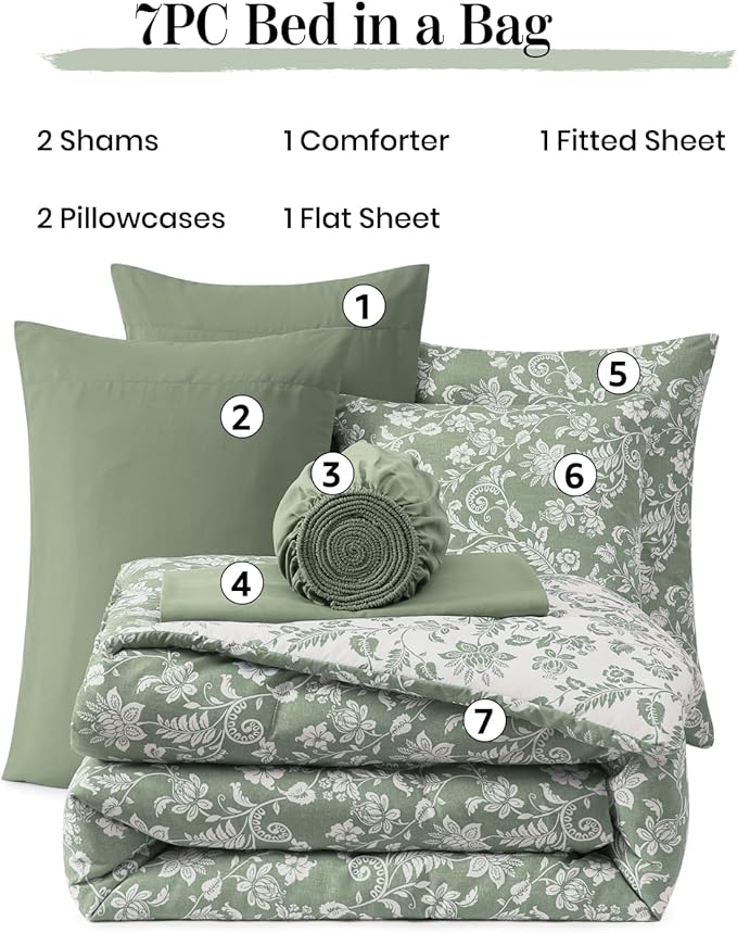 Queen Comforter Set -7 Pieces Floral Grey Green Comforter Set for All Seasons, Bed in a Bag Queen with Botanical Flowers Comforter, Sheets, Pillowcases & Shams