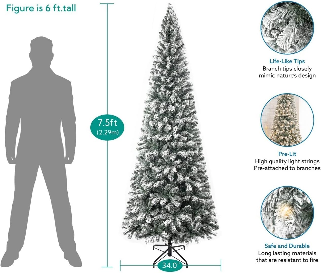 Naomi Home Salzburg 7.5ft Frosted Prelit Slim Artificial Christmas Tree with 1102 Branch Tips, 350 Warm Lights and Metal Stand, 34" Wide Realistic Snow Flocked Skinny Pencil Christmas Tree