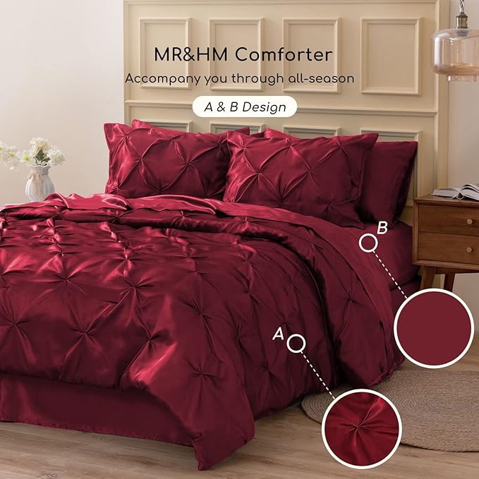MR&HM Satin Comforter Queen 7 Pieces - Luxurious Pinch Pleat Bedding Set with Comforter, Flat Sheet, Fitted Sheet, Pillowcases & Shams, Super Silky Soft Bed Set for All Season (Queen, Burgundy)