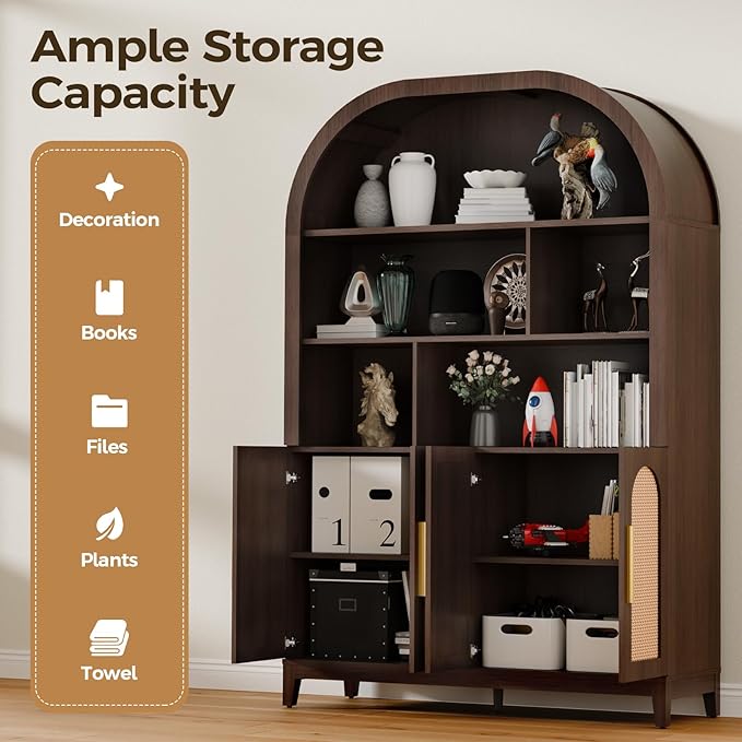 71" Arched Tall Wood Storage Cabinet - 5-Tier Rattan Door Pantry Organizer with Divider Shelf & Gold Handles, Versatile Bookcase for Living Room & Kitchen, Dark Brown